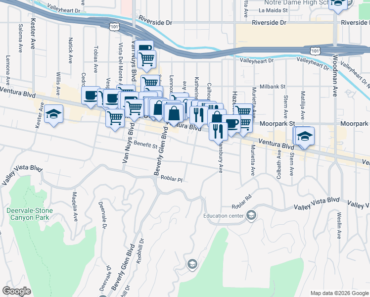 map of restaurants, bars, coffee shops, grocery stores, and more near 14275 Dickens Street in Los Angeles
