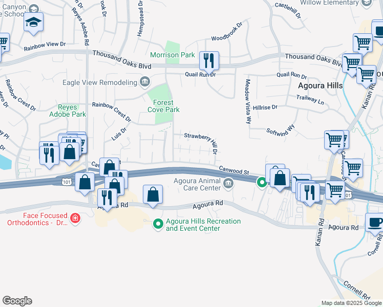 map of restaurants, bars, coffee shops, grocery stores, and more near 29719 Windsong Lane in Agoura Hills