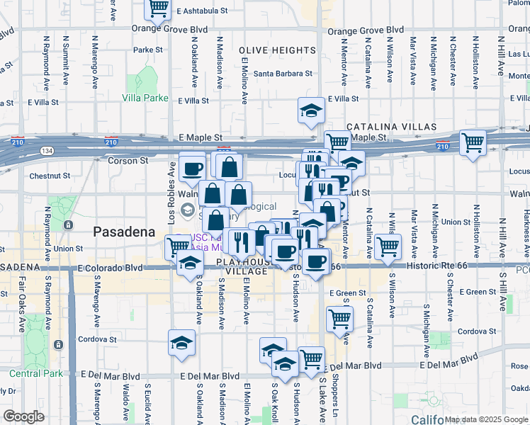 map of restaurants, bars, coffee shops, grocery stores, and more near 153 North Oak Knoll Avenue in Pasadena