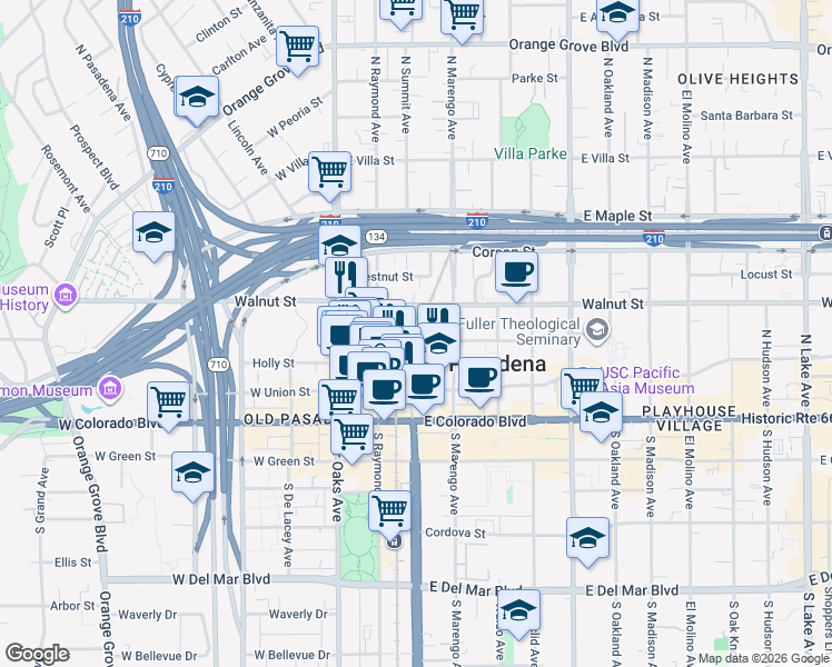 map of restaurants, bars, coffee shops, grocery stores, and more near 151 East Holly Street in Pasadena