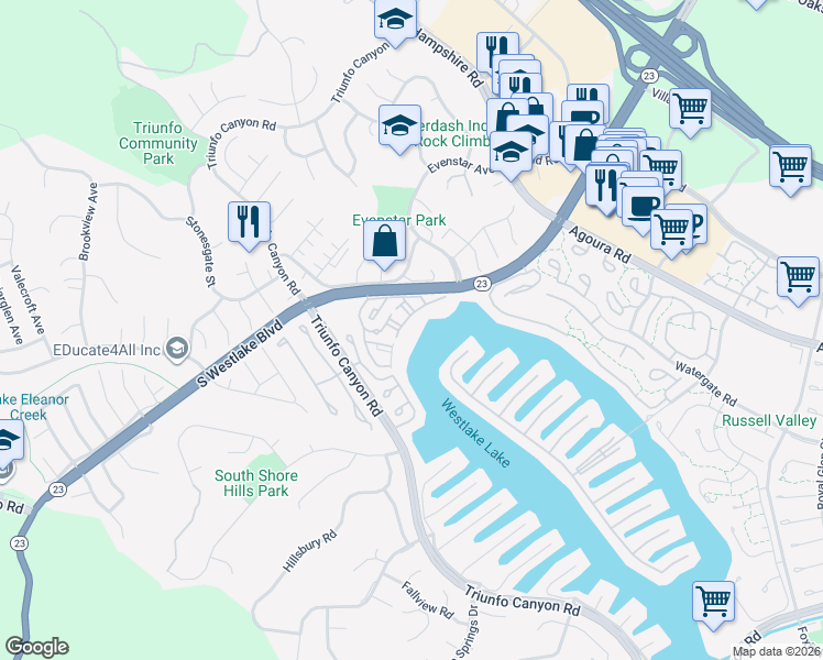 map of restaurants, bars, coffee shops, grocery stores, and more near 1202 South Westlake Boulevard in Westlake Village