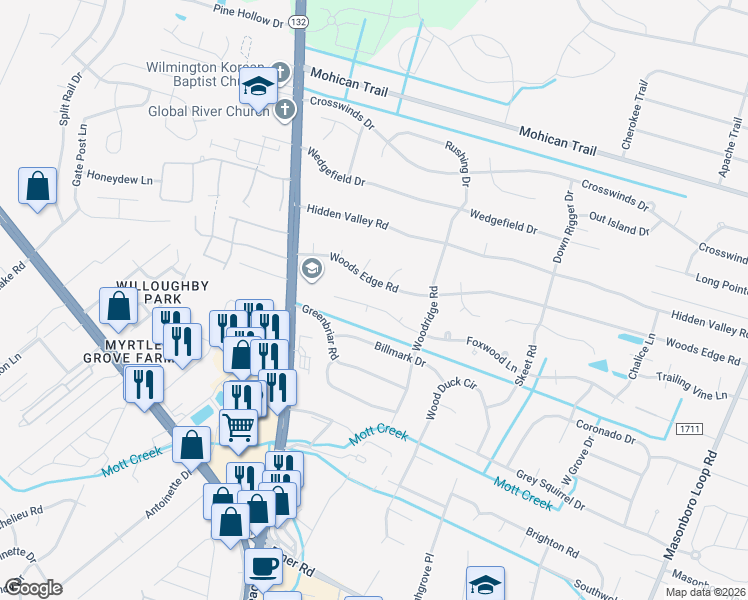 map of restaurants, bars, coffee shops, grocery stores, and more near 4800 Woods Edge Road in Wilmington