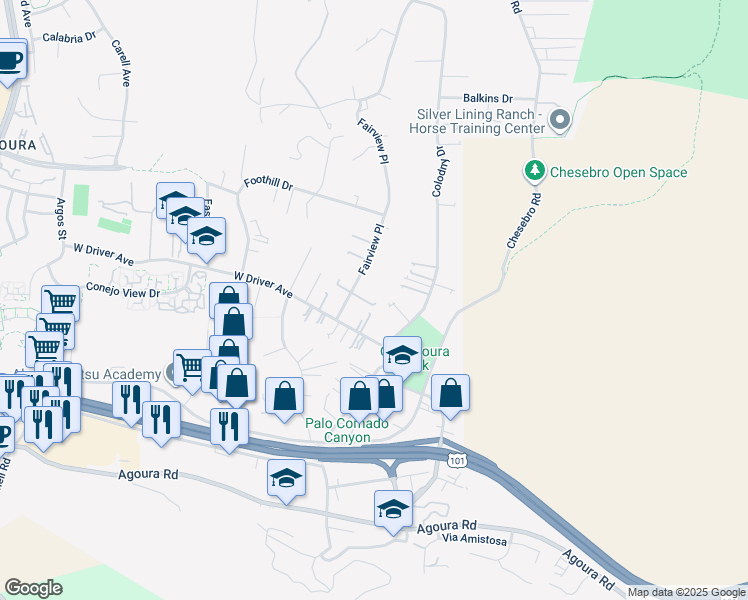 map of restaurants, bars, coffee shops, grocery stores, and more near 5438 Fairview Place in Agoura Hills