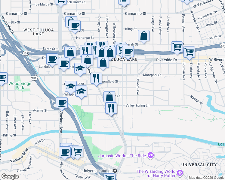 map of restaurants, bars, coffee shops, grocery stores, and more near 10657 Woodbridge Street in Los Angeles