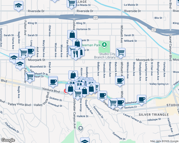 map of restaurants, bars, coffee shops, grocery stores, and more near 12747 Woodbridge Street in Los Angeles