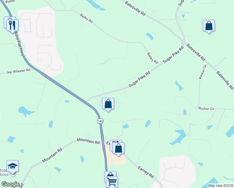 map of restaurants, bars, coffee shops, grocery stores, and more near 2043 Sugar Pike Road in Woodstock