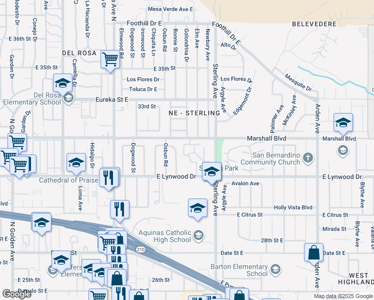 map of restaurants, bars, coffee shops, grocery stores, and more near 1905 Marshall Boulevard in San Bernardino