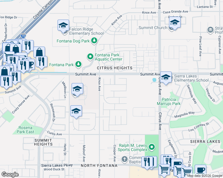 map of restaurants, bars, coffee shops, grocery stores, and more near 15779 Square Top Lane in Fontana