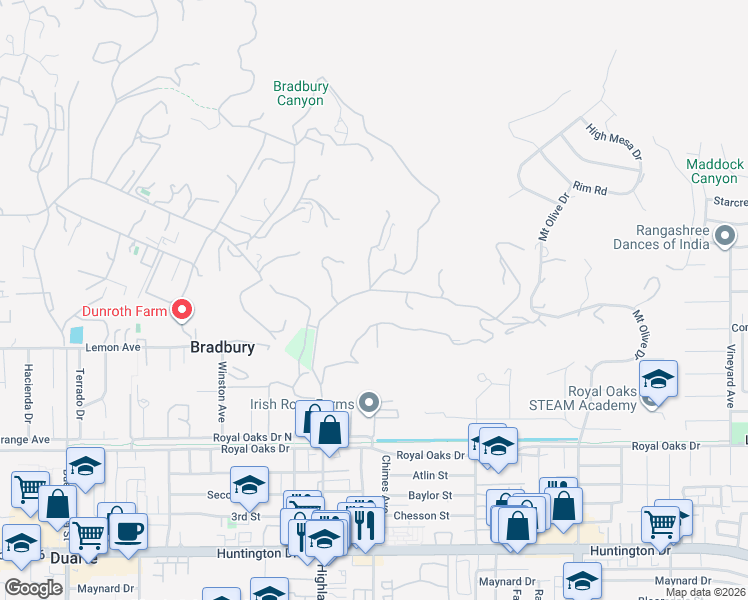 map of restaurants, bars, coffee shops, grocery stores, and more near 18 Woodlyn Lane in Bradbury