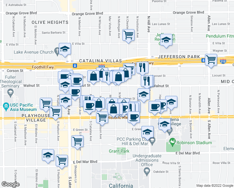 map of restaurants, bars, coffee shops, grocery stores, and more near 174 Mar Vista Avenue in Pasadena