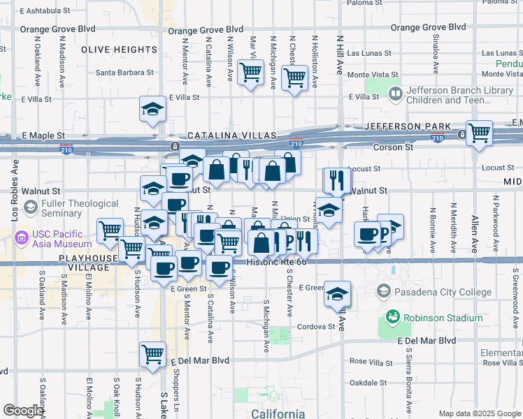 map of restaurants, bars, coffee shops, grocery stores, and more near 174 Mar Vista Avenue in Pasadena