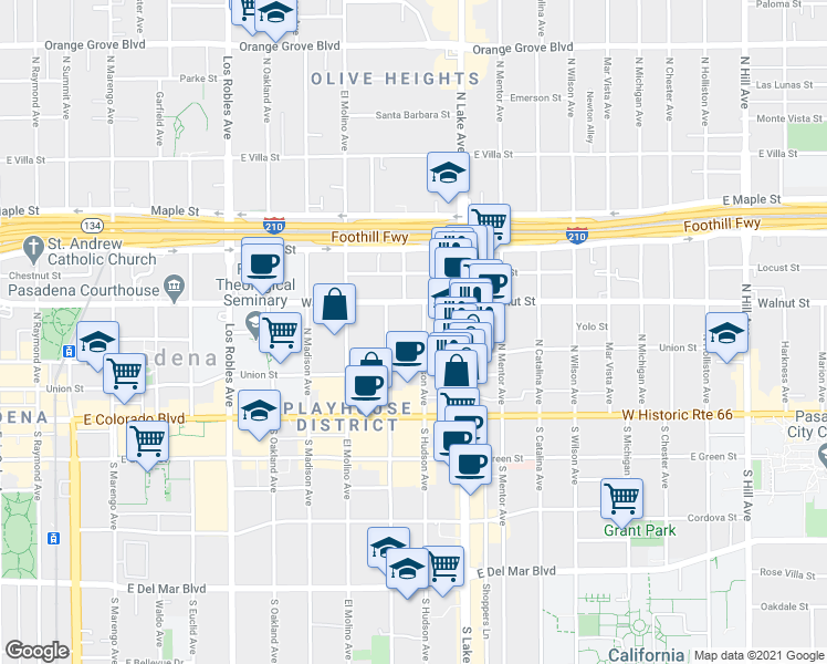 map of restaurants, bars, coffee shops, grocery stores, and more near 177 North Hudson Avenue in Pasadena