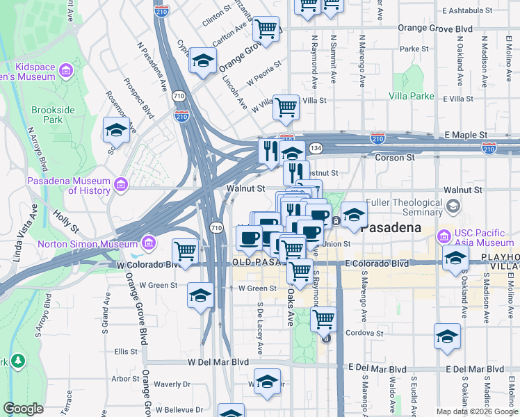 map of restaurants, bars, coffee shops, grocery stores, and more near 100 West Walnut Street in Pasadena