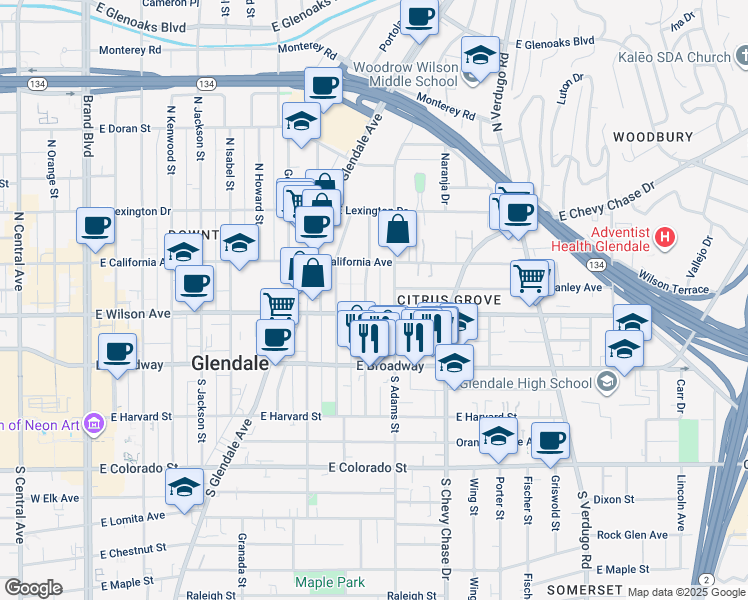 map of restaurants, bars, coffee shops, grocery stores, and more near 223 North Adams Street in Glendale