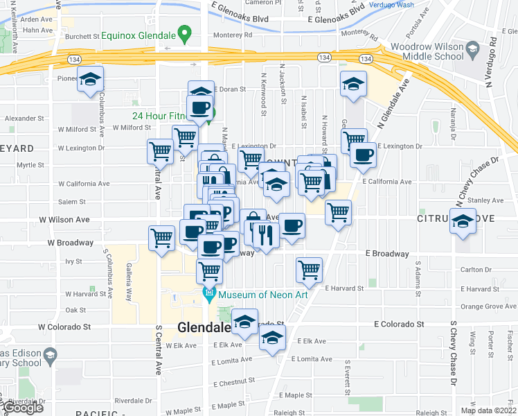 map of restaurants, bars, coffee shops, grocery stores, and more near 220 North Kenwood Street in Glendale