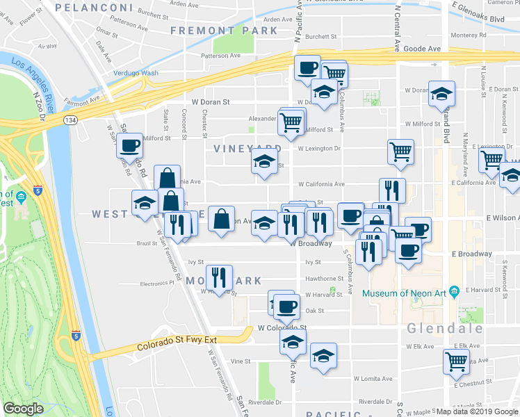 map of restaurants, bars, coffee shops, grocery stores, and more near 529 Salem Street in Glendale
