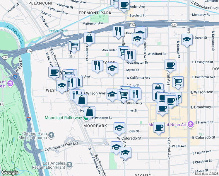 map of restaurants, bars, coffee shops, grocery stores, and more near 529 Salem Street in Glendale
