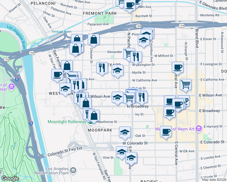 map of restaurants, bars, coffee shops, grocery stores, and more near 615 Salem Street in Glendale
