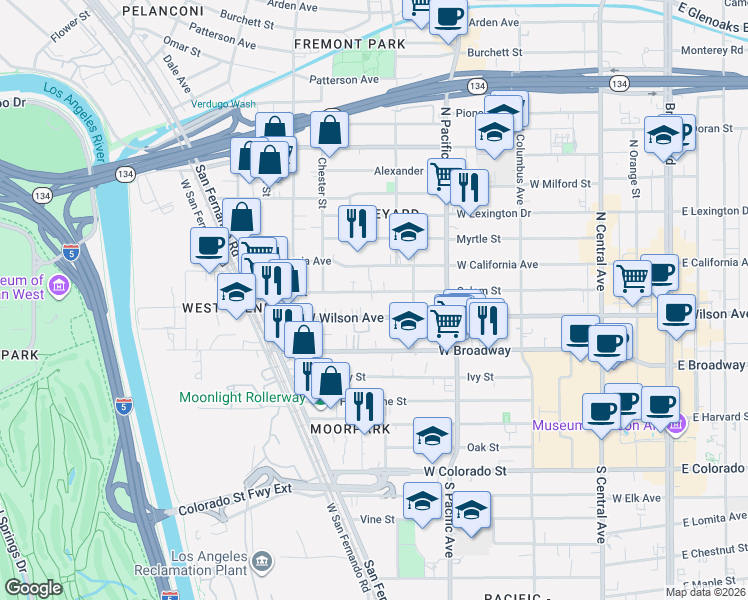 map of restaurants, bars, coffee shops, grocery stores, and more near 615 Salem Street in Glendale