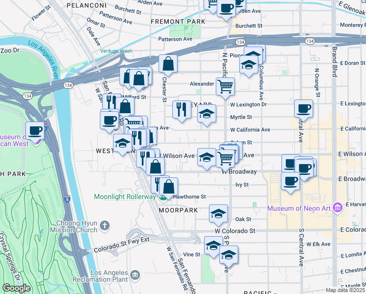 map of restaurants, bars, coffee shops, grocery stores, and more near 653 Salem Street in Glendale