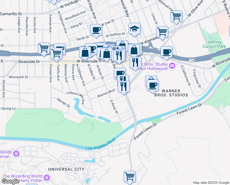 map of restaurants, bars, coffee shops, grocery stores, and more near 4129 Warner Boulevard in Burbank