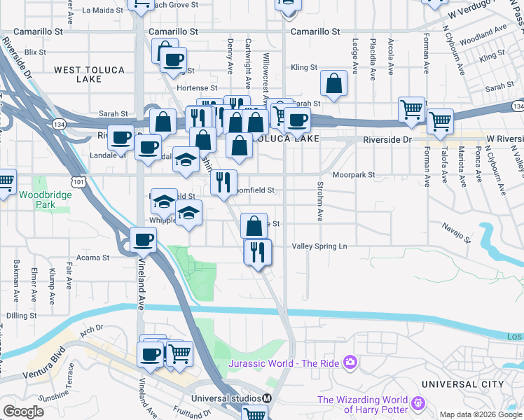 map of restaurants, bars, coffee shops, grocery stores, and more near 10657 Woodbridge Street in Los Angeles