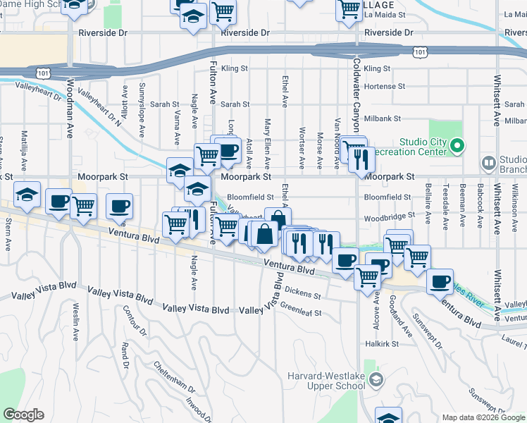 map of restaurants, bars, coffee shops, grocery stores, and more near 13122 Bloomfield Street in Los Angeles