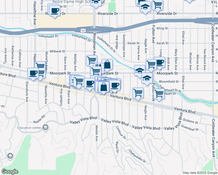 map of restaurants, bars, coffee shops, grocery stores, and more near 4346 Ventura Canyon Avenue in Los Angeles