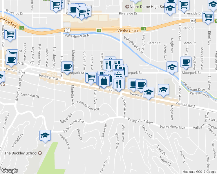 map of restaurants, bars, coffee shops, grocery stores, and more near 4324 Mammoth Avenue in Los Angeles
