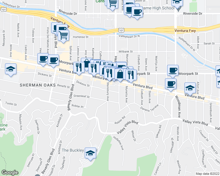 map of restaurants, bars, coffee shops, grocery stores, and more near 14141 Dickens Street in Los Angeles