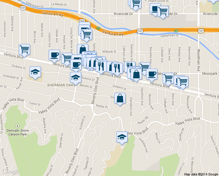 map of restaurants, bars, coffee shops, grocery stores, and more near 14275 Dickens Street in Los Angeles