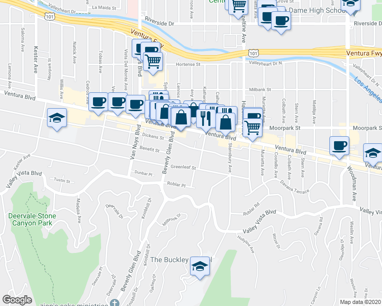 map of restaurants, bars, coffee shops, grocery stores, and more near 14275 Dickens Street in Los Angeles