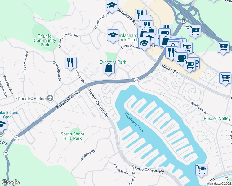 map of restaurants, bars, coffee shops, grocery stores, and more near 1202 South Westlake Boulevard in Westlake Village