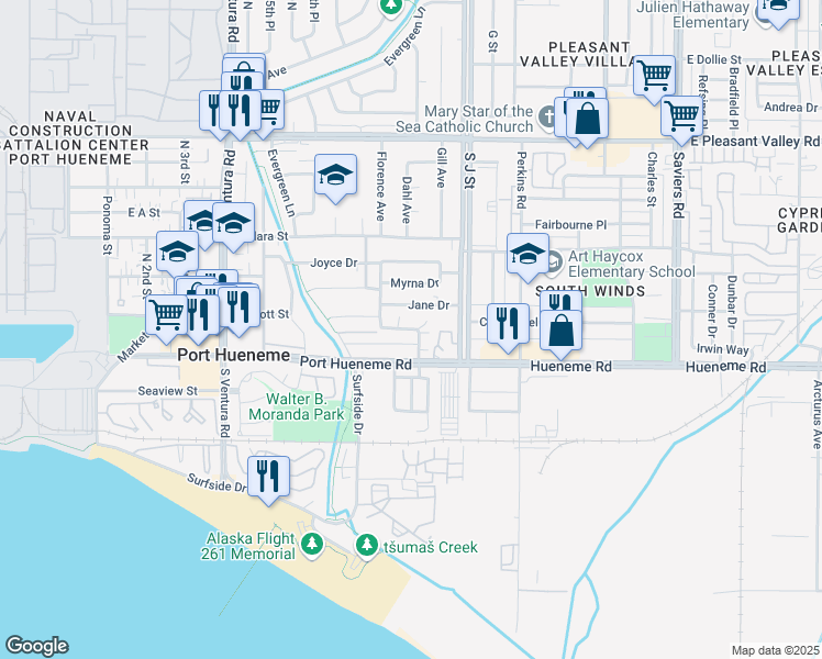 map of restaurants, bars, coffee shops, grocery stores, and more near 161 Ann Avenue in Port Hueneme