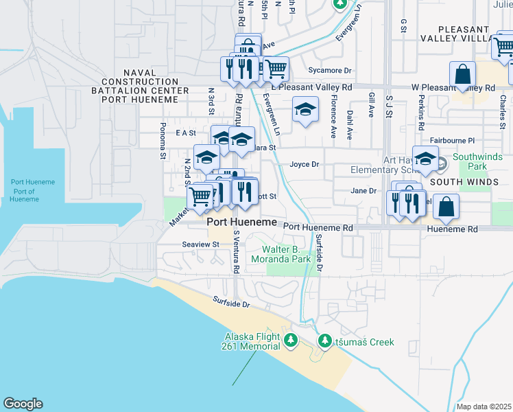 map of restaurants, bars, coffee shops, grocery stores, and more near 440 East Scott Street in Port Hueneme
