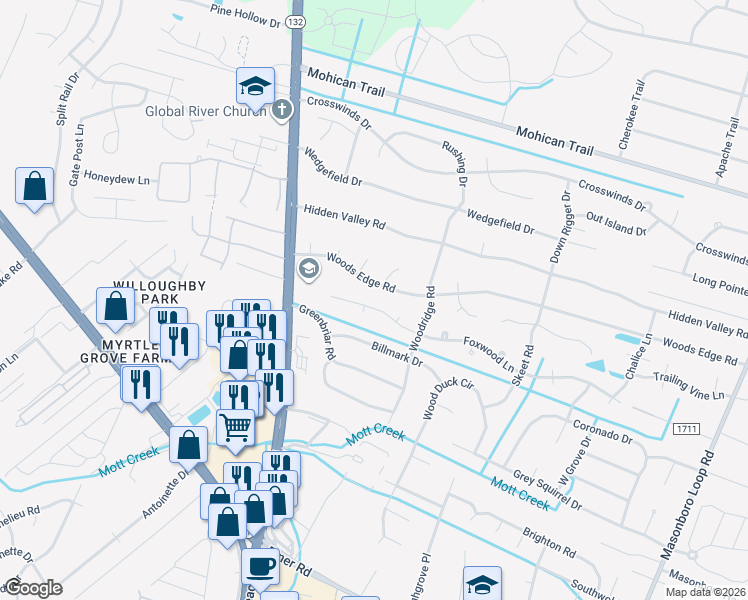 map of restaurants, bars, coffee shops, grocery stores, and more near 4800 Woods Edge Road in Wilmington