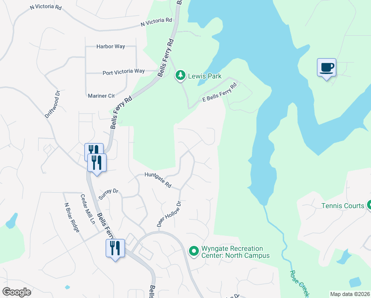 map of restaurants, bars, coffee shops, grocery stores, and more near 1021 Elsberry Drive in Woodstock