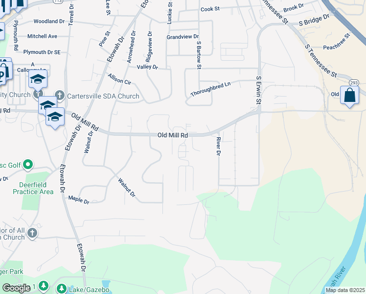 map of restaurants, bars, coffee shops, grocery stores, and more near 150 12 Old Mill Road in Cartersville