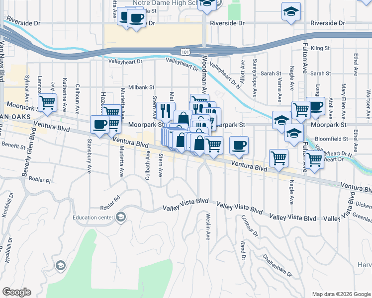map of restaurants, bars, coffee shops, grocery stores, and more near 13743 Ventura Boulevard in Los Angeles