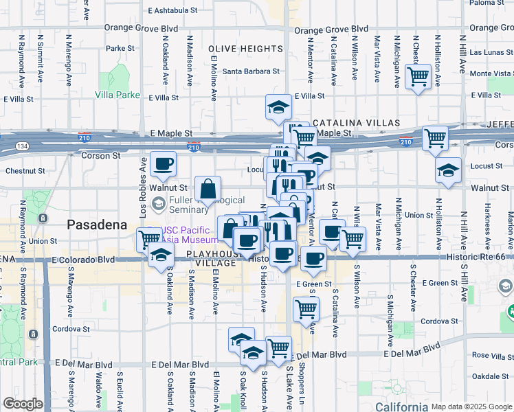 map of restaurants, bars, coffee shops, grocery stores, and more near 151 North Hudson Avenue in Pasadena