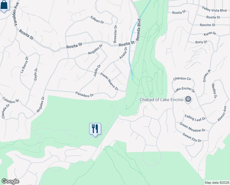 map of restaurants, bars, coffee shops, grocery stores, and more near 18645 Pasadero Drive in Los Angeles