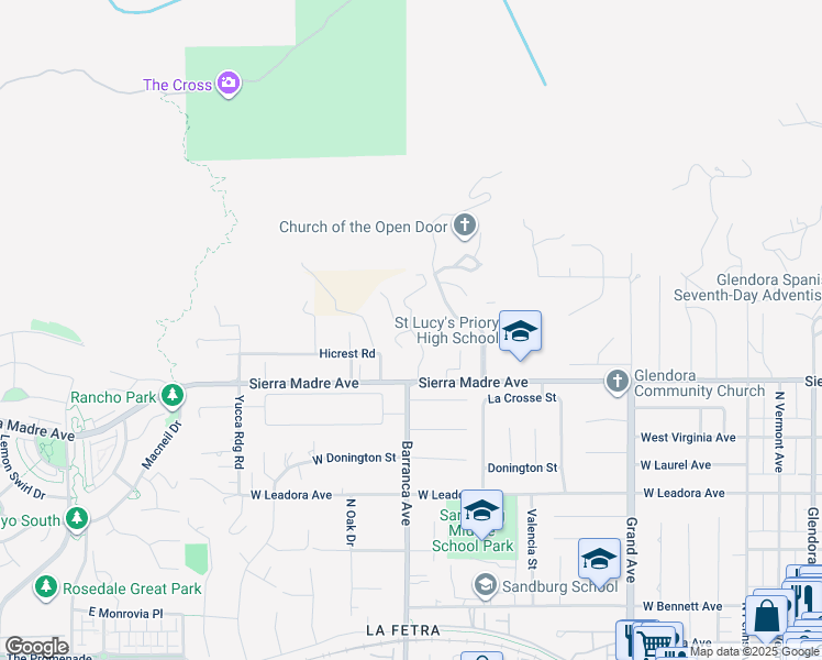 map of restaurants, bars, coffee shops, grocery stores, and more near Ben Lomond Avenue in Glendora