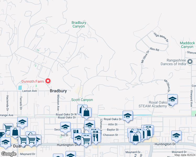 map of restaurants, bars, coffee shops, grocery stores, and more near 18 Woodlyn Lane in Bradbury