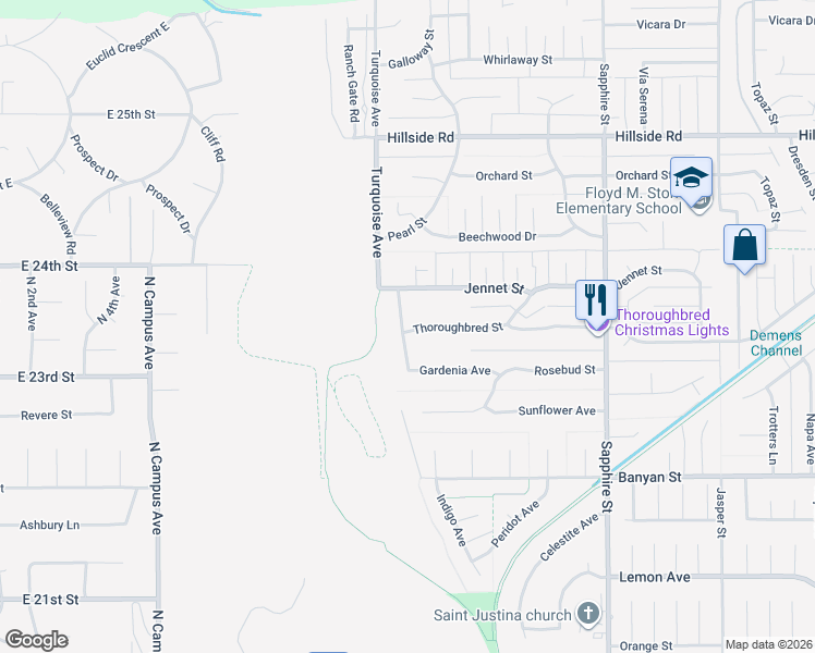map of restaurants, bars, coffee shops, grocery stores, and more near 7954 Thoroughbred Street in Rancho Cucamonga