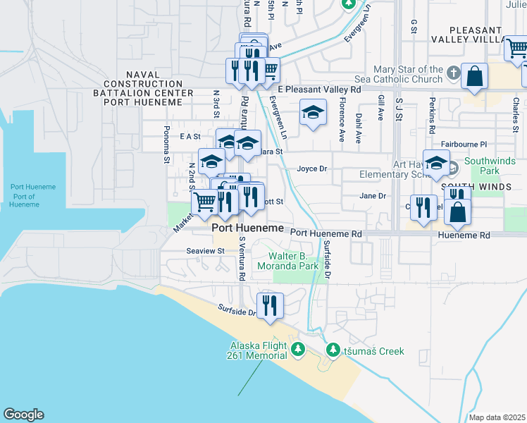 map of restaurants, bars, coffee shops, grocery stores, and more near 165 North 5th Street in Port Hueneme