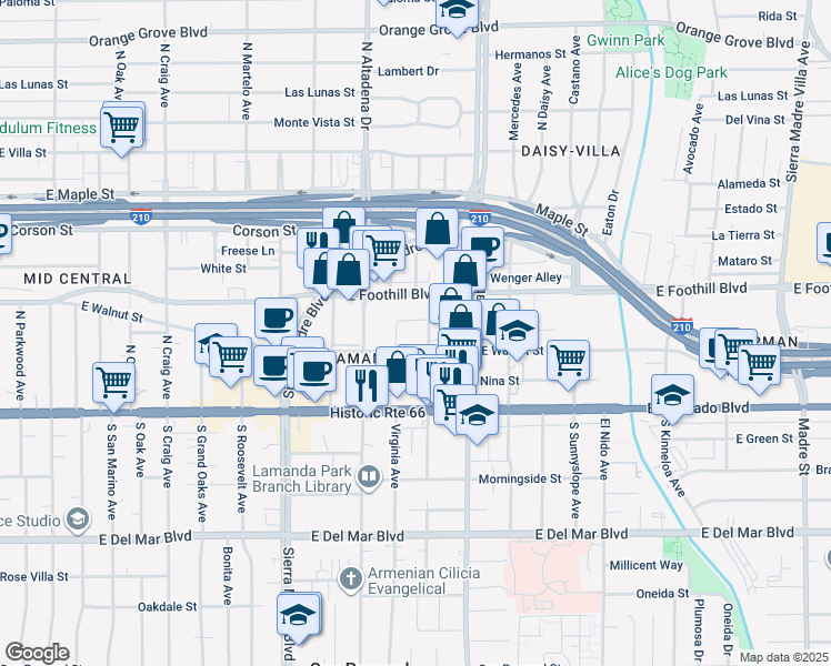 map of restaurants, bars, coffee shops, grocery stores, and more near 125 North Vinedo Avenue in Pasadena