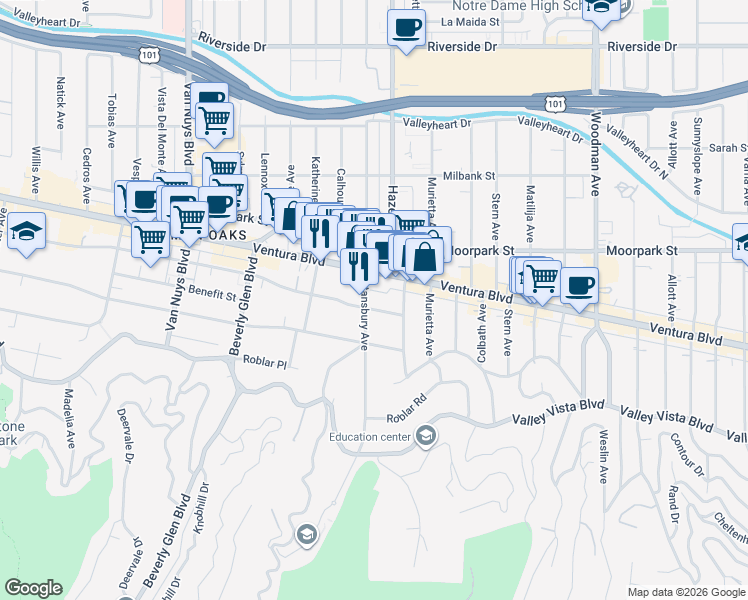 map of restaurants, bars, coffee shops, grocery stores, and more near 14141 Dickens Street in Los Angeles