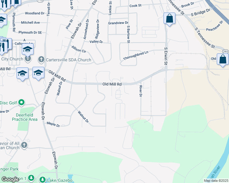 map of restaurants, bars, coffee shops, grocery stores, and more near 150 12 Old Mill Road in Cartersville