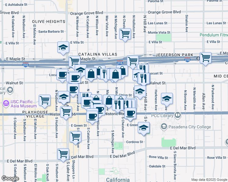 map of restaurants, bars, coffee shops, grocery stores, and more near 147 North Michigan Avenue in Pasadena