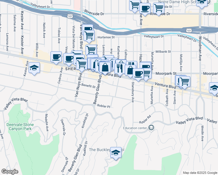 map of restaurants, bars, coffee shops, grocery stores, and more near 14290 Dickens Street in Los Angeles